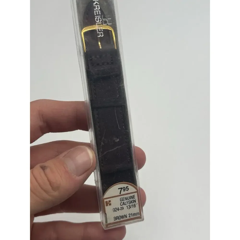 21mm Kreisler Brown Calfskin Shark NOS Vintage Watch Band & Gold-Tone Buckle